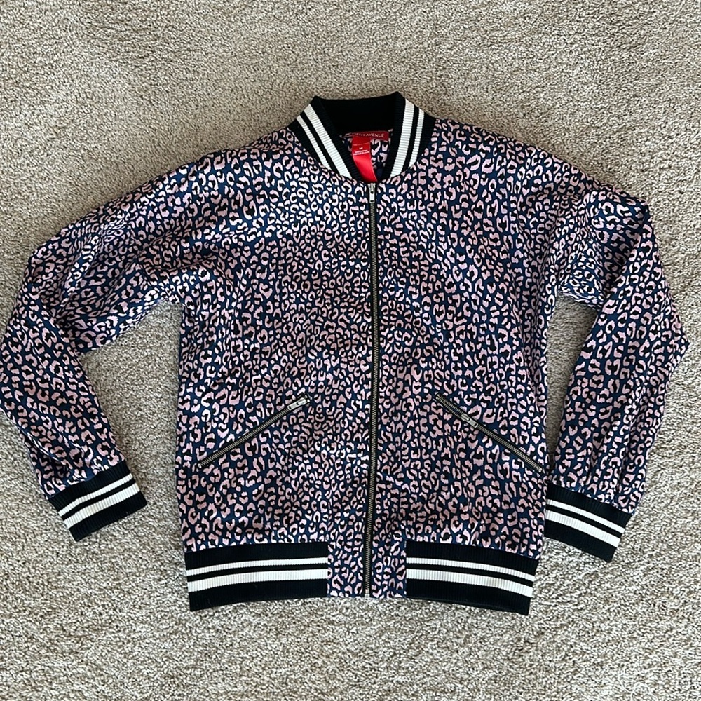 SAKS FIFTH AVE Cheetah Print Varsity Jacket Blue Pink Women’s Small